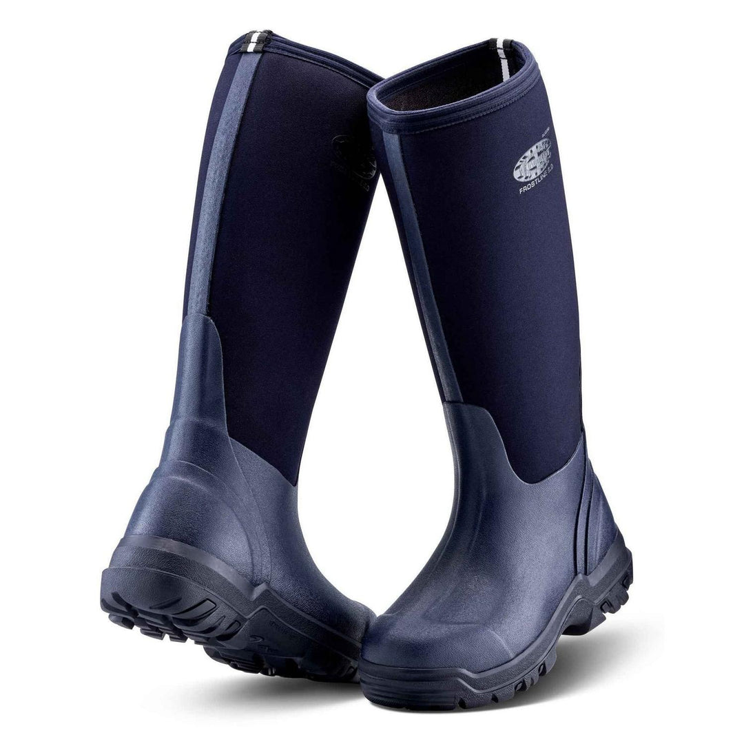 Grubs Frostline 5.0 insulated wellington boots in navy blue, pair shown from the front three-quarter with neoprene upper