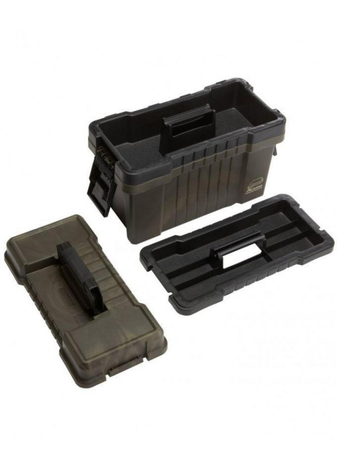 Plano shooters case in dark olive-brown plastic, shown at an angle with the hinged lid and lift-out accessory tray removed and laid in front of the open body.