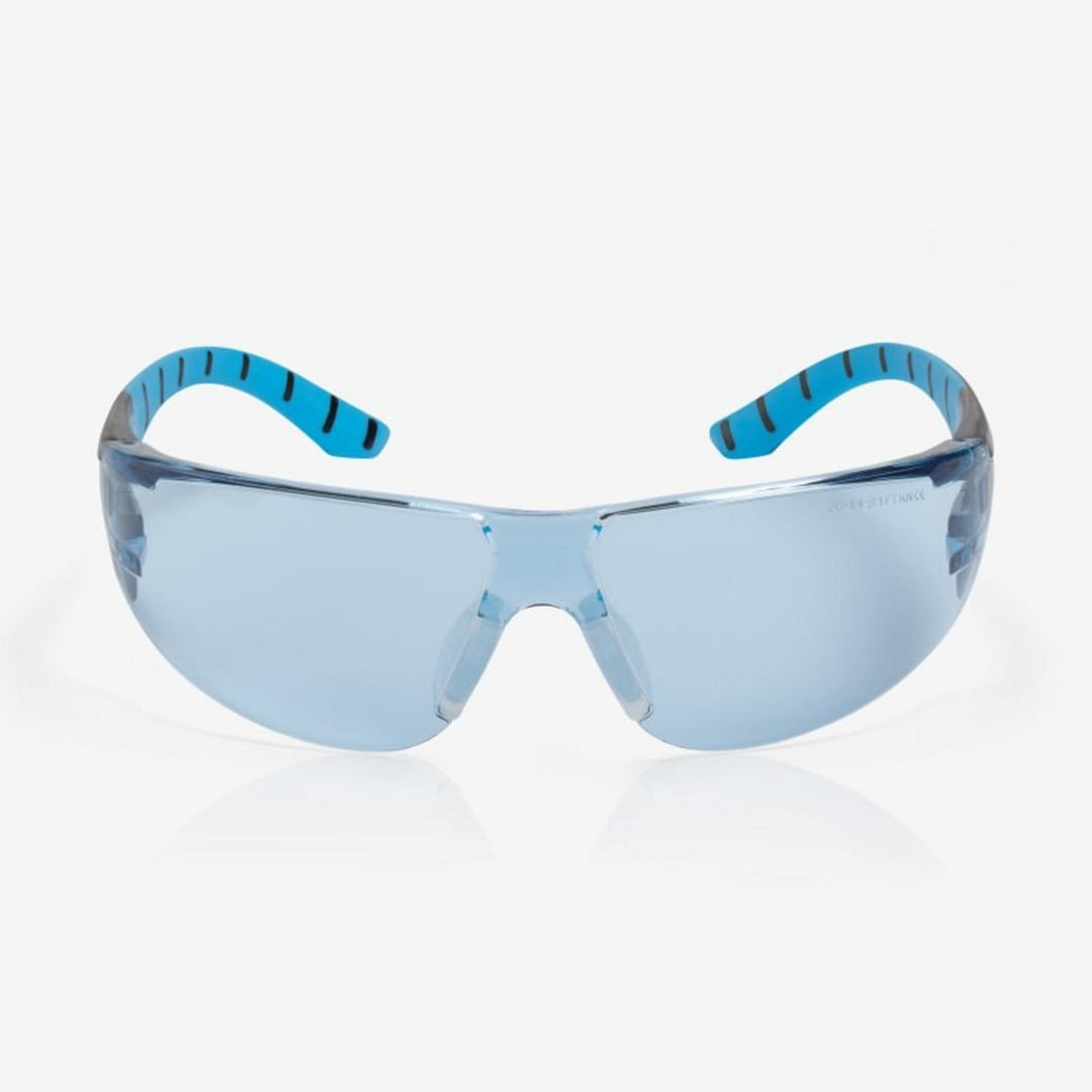 Riley Stream Blue safety glasses with blue tinted lens, front view showing black and blue ribbed arms and nose pads