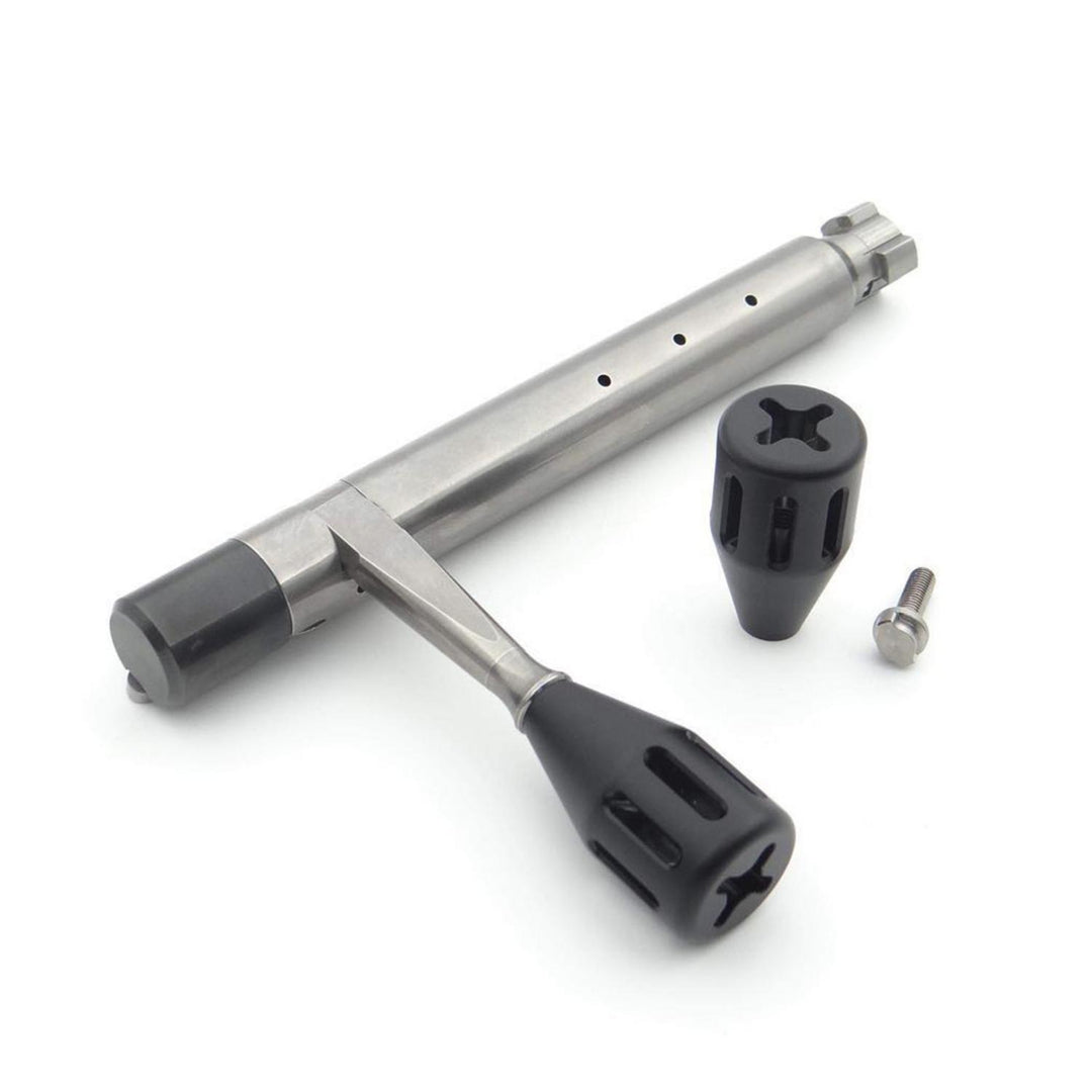 Nieload TACTOOL Boltknob M6: stainless steel T-handle tool with knurled crossbar, shown with the black bolt knob and its fixing screw alongside