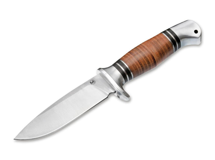 Böker Magnum Leatherneck Hunter fixed blade knife with stacked leather handle, aluminium guard and pommel, satin drop-point blade, side view