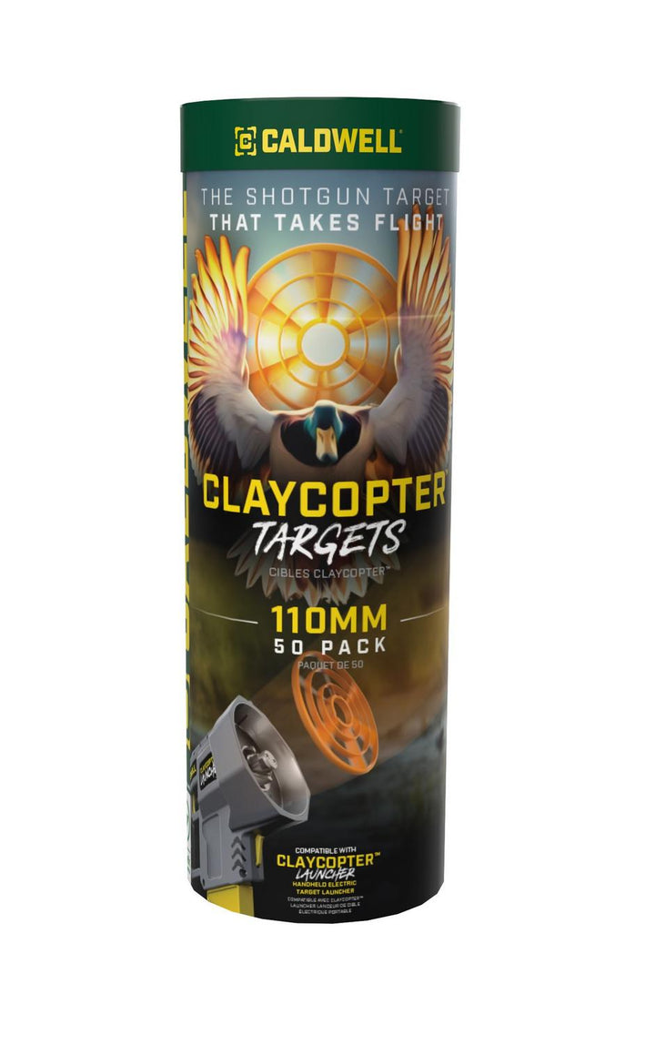 Caldwell ClayCopter Targets tube, 110mm 50 pack, green and black cylindrical packaging with a duck graphic (note: 110mm size, not 90mm)