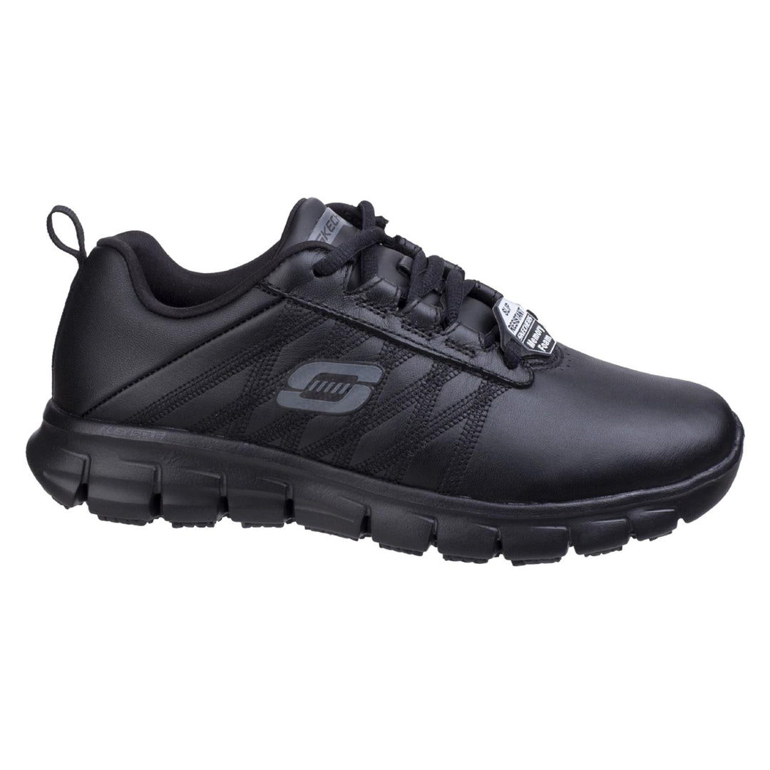 Skechers Workwear Sure Track Erath Occupational Shoe Black - Side stitched stripe designs with S logo, Lace up sporty casual comfort slip resistant work sneaker design