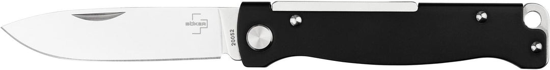 Böker Plus Atlas Black slipjoint folding knife open, black handle with satin blade, flat side view