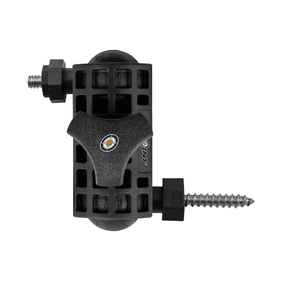Spypoint mounting arm for trail cameras, black moulded ball-joint bracket with a long tree screw, three-quarter view