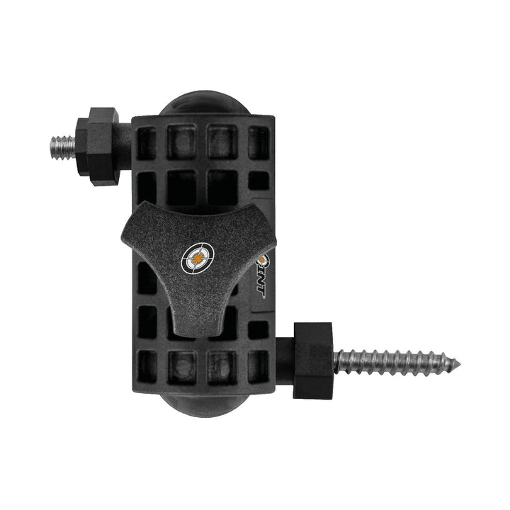 Spypoint mounting arm for trail cameras, black moulded ball-joint bracket with a long tree screw, three-quarter view