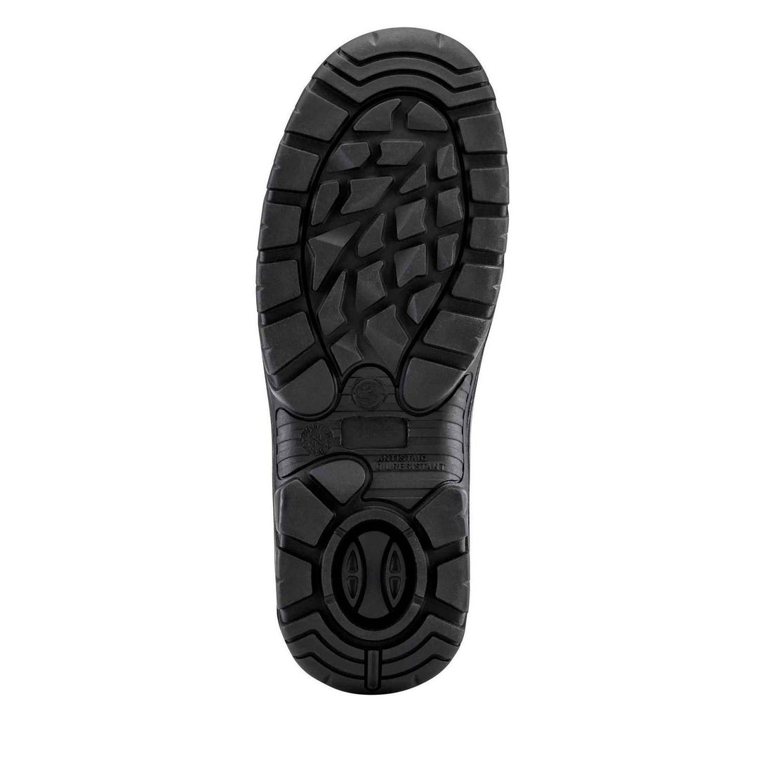 Sole of the Grubs Tornado S3 SRC safety dealer boot shown from below, black deep-lugged tread pattern