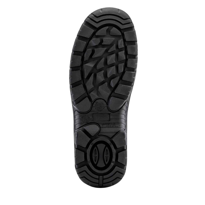 Sole of the Grubs Tornado S3 SRC safety dealer boot shown from below, black deep-lugged tread pattern