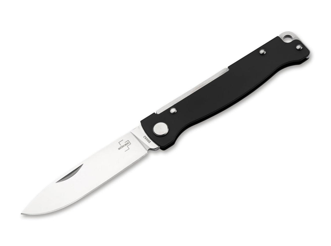 Böker Plus Atlas Black slipjoint folding knife with black handle and satin drop-point blade, open side view