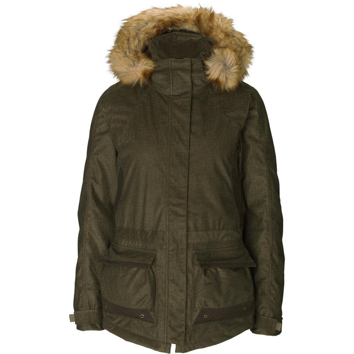 Seeland North Lady jacket in olive green, front view with fur-trimmed hood, full zip and two flapped bellows pockets