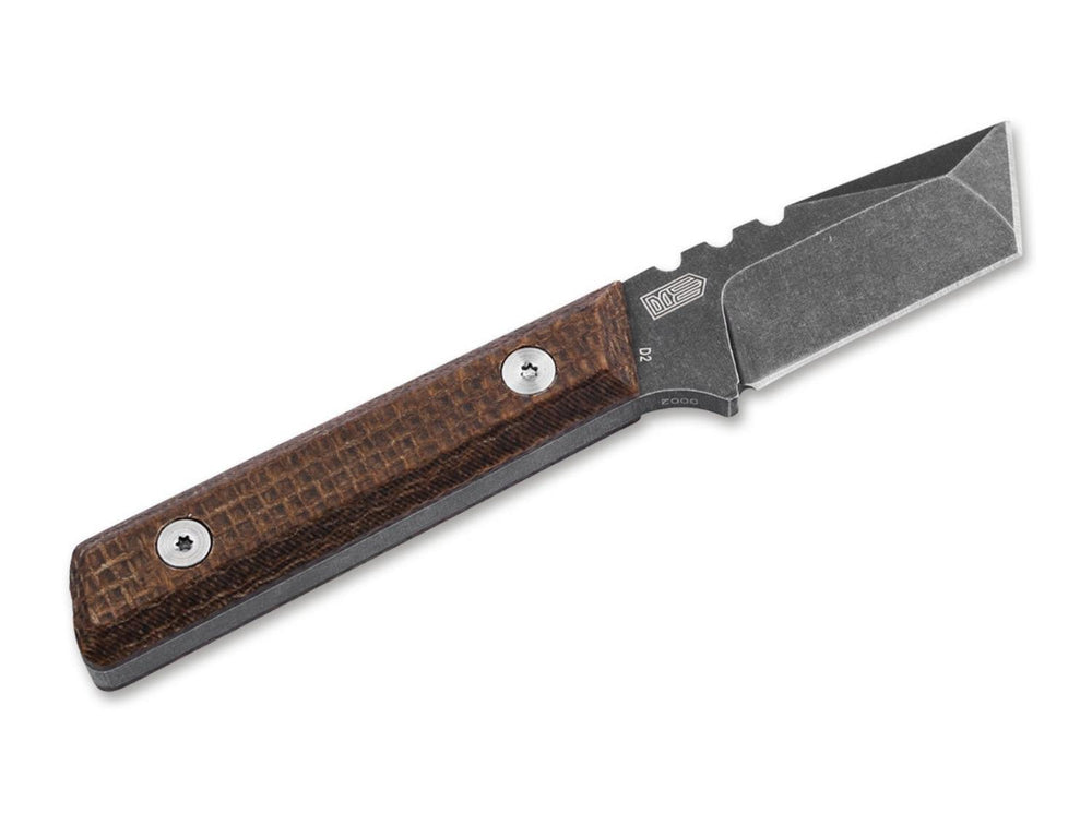 Böker Plus Thicker Clipper fixed blade knife, brown handle and stonewashed tanto blade, reverse angled view