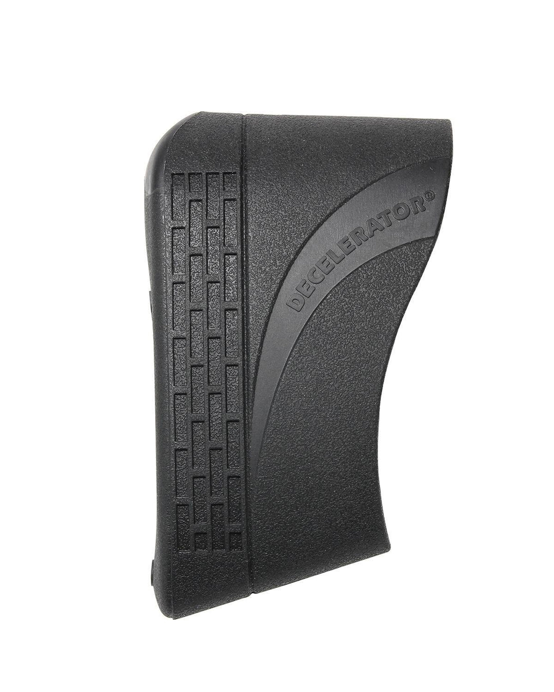 Pachmayr Decelerator Magnum slip-on recoil pad in black, side profile showing the moulded brick-pattern vents and Decelerator lettering