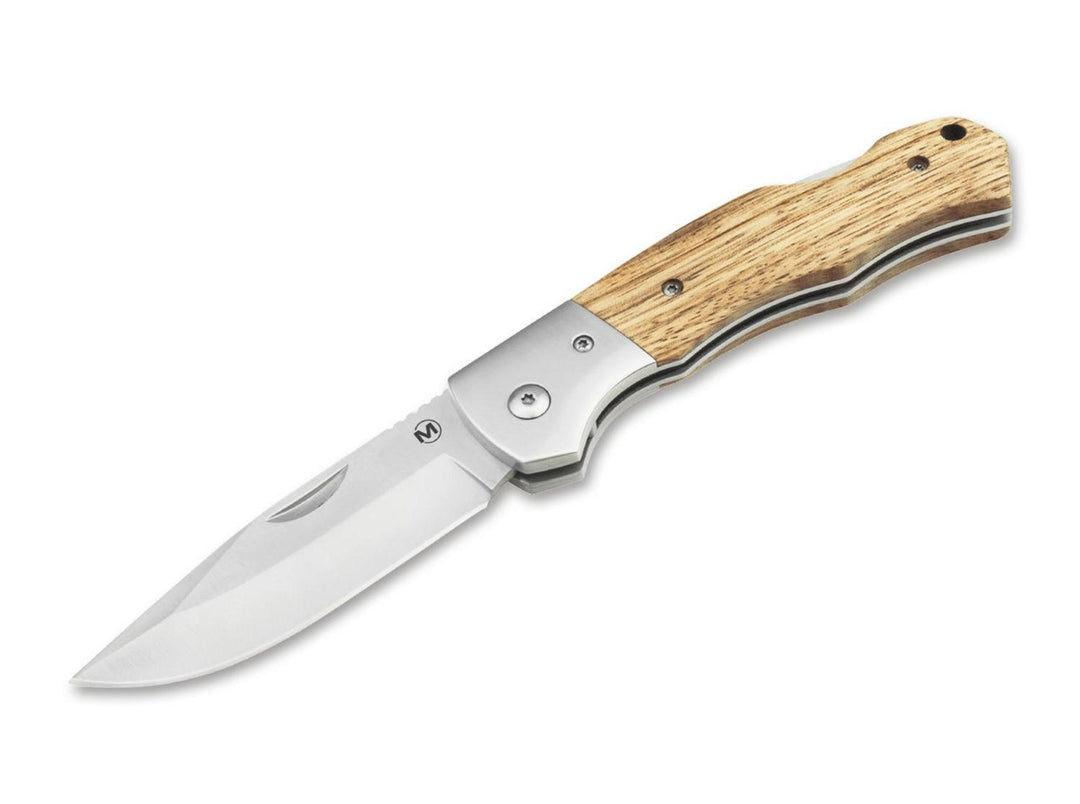 Böker Magnum Rustic folding knife with light zebrawood handle, steel bolsters and satin clip-point blade, open side view
