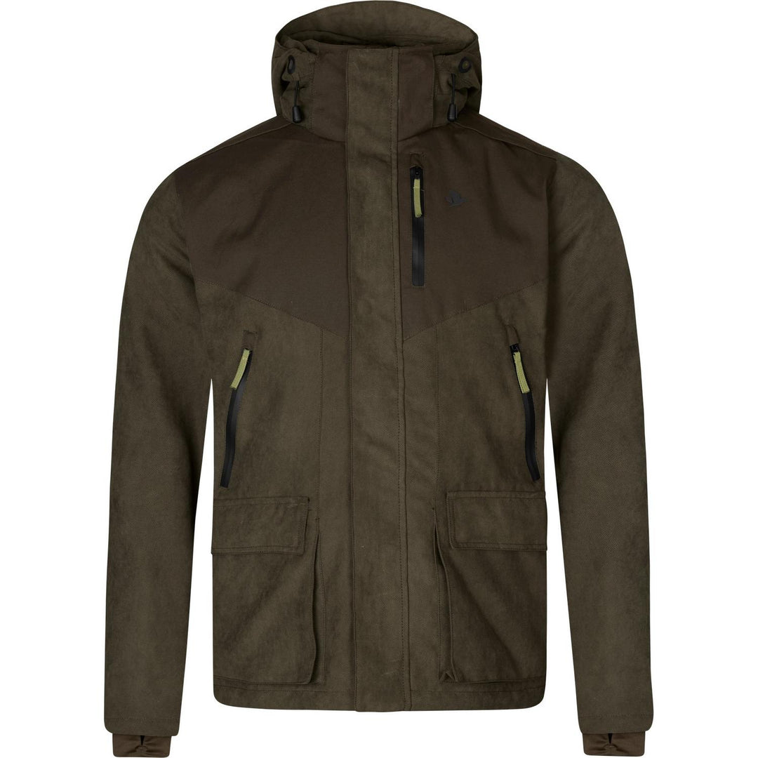 Seeland Helt II jacket in dark olive green, front view showing the hood, chest zip pocket and two lower flap pockets