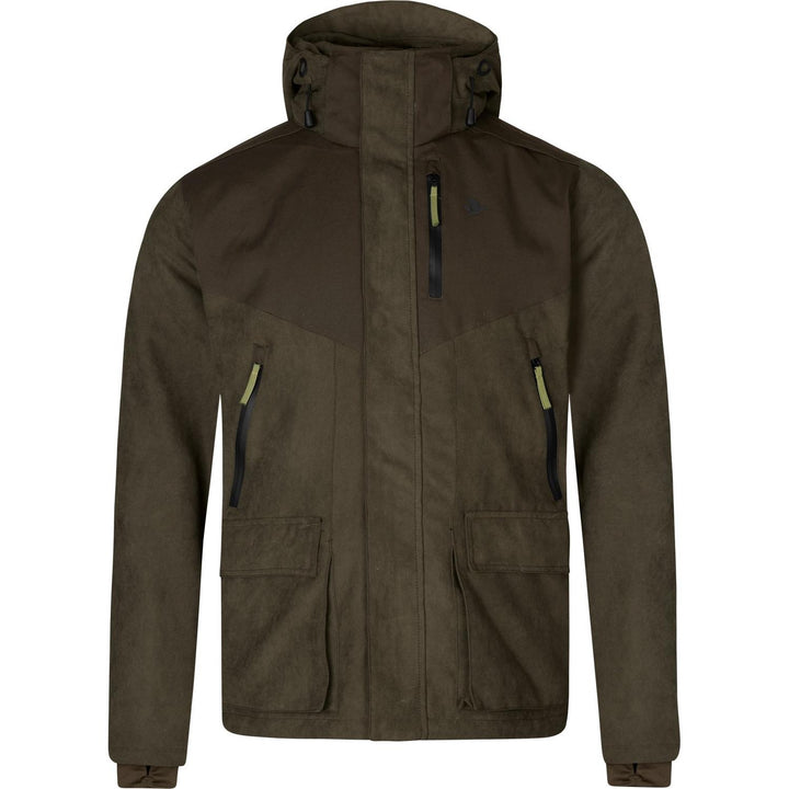 Seeland Helt II jacket in dark olive green, front view showing the hood, chest zip pocket and two lower flap pockets