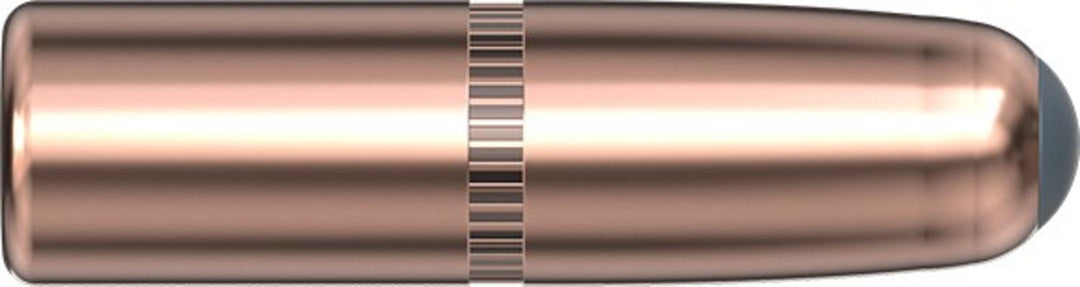 Hornady 25 Cal .257 117gr InterLock round nose bullet lying horizontally, copper jacket with a knurled cannelure and a blunt exposed lead nose