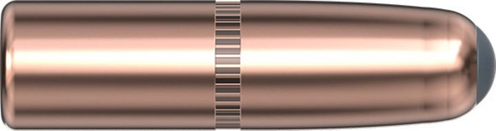 Hornady 25 Cal .257 117gr InterLock round nose bullet lying horizontally, copper jacket with a knurled cannelure and a blunt exposed lead nose