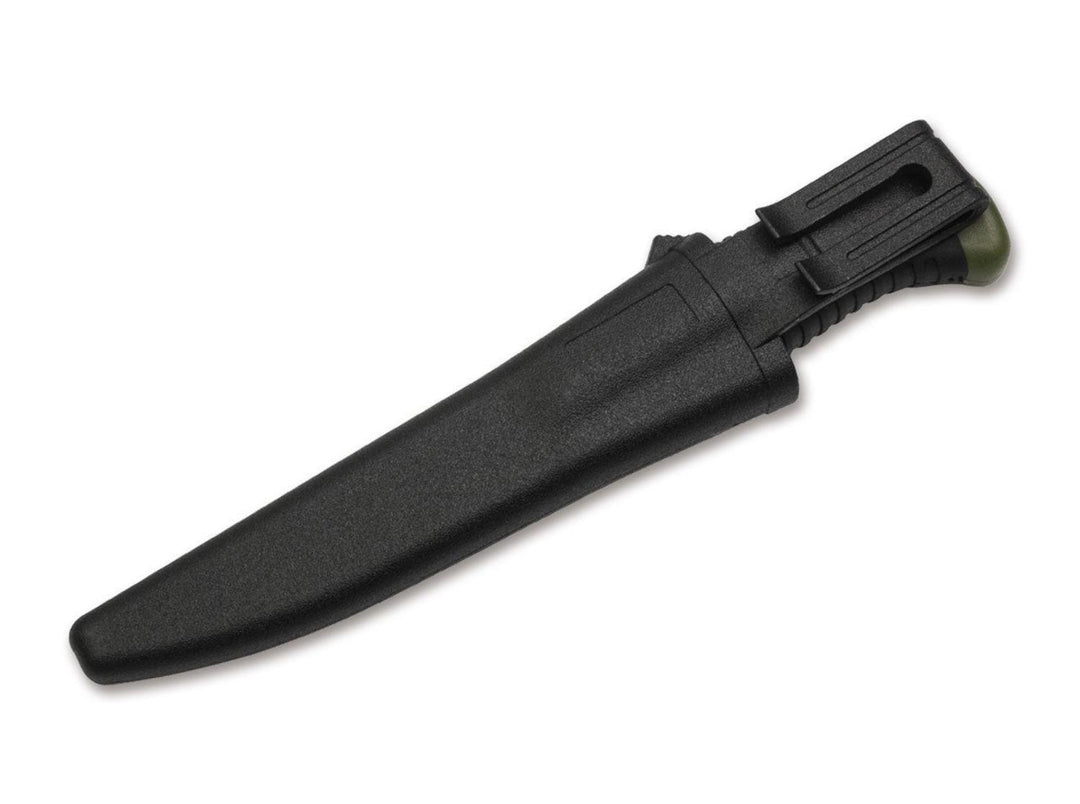 Black plastic sheath for the Böker Magnum Falun Green knife, empty, angled view on white background