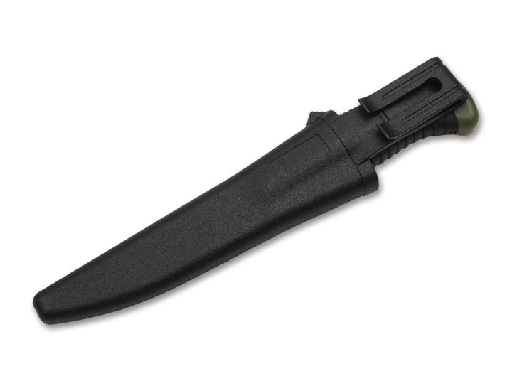 Black plastic sheath for the Böker Magnum Falun Green knife, empty, angled view on white background