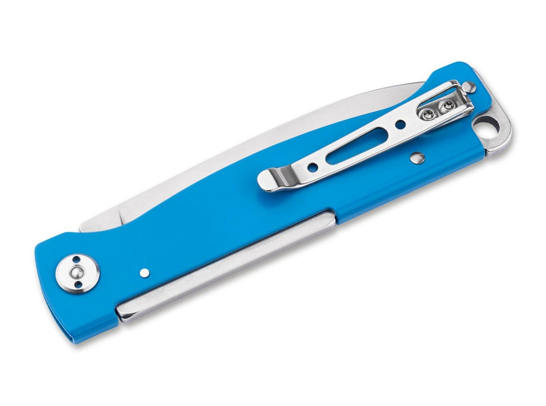 Böker Plus Atlas Blue folding knife, blue handle back view with steel pocket clip