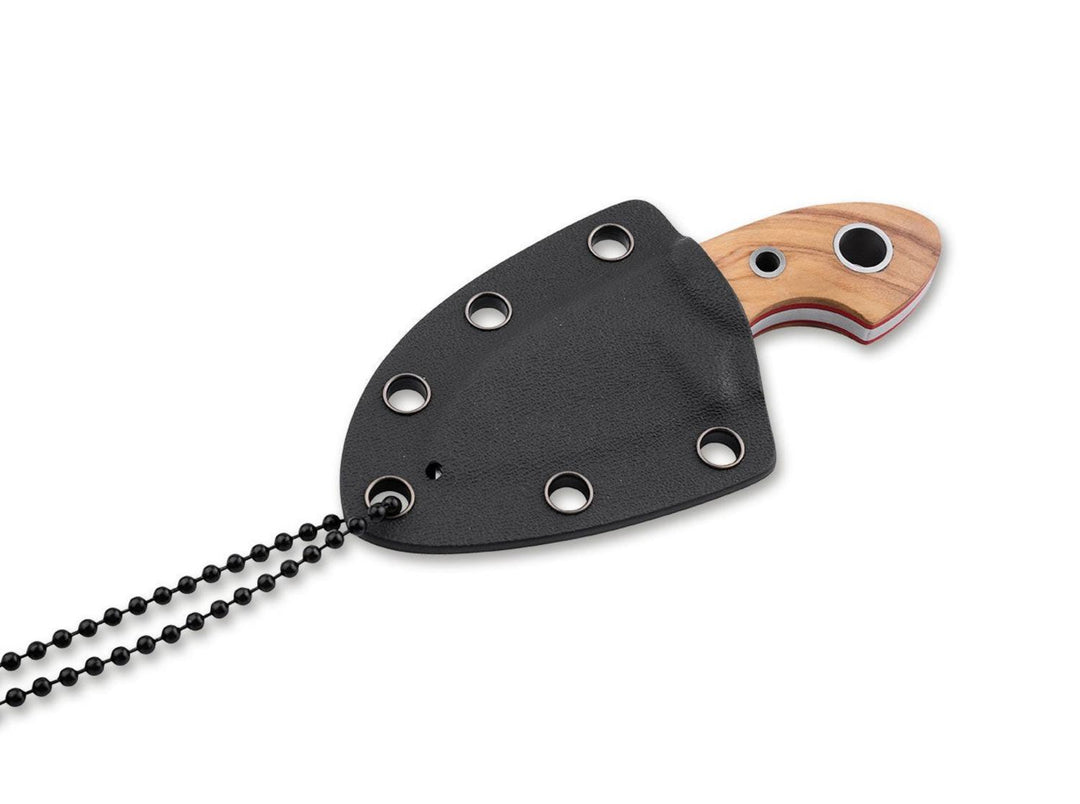 Böker Plus Gnome Olive D2 fixed blade knife with its black Kydex neck sheath and bead chain