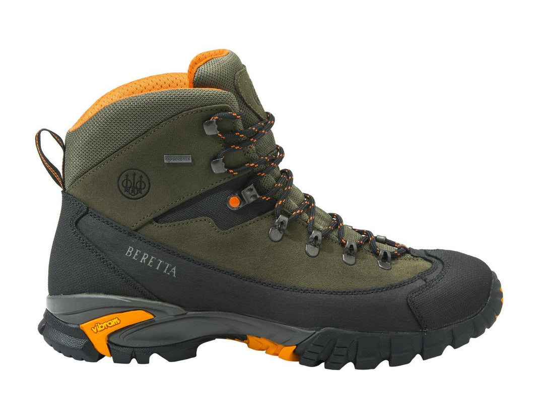 Single Setter GTX boot in side profile, showing the rubber toe rand, speed-lace hooks and the orange Vibram heel unit.
