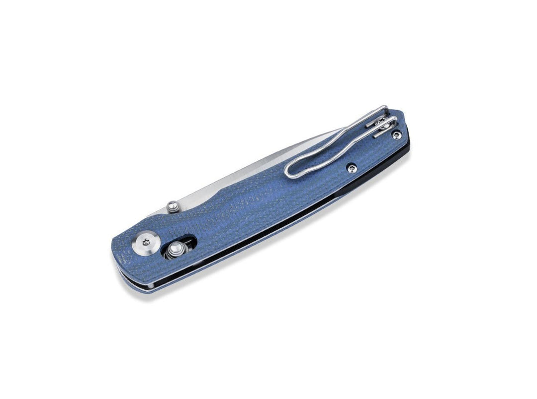 Böker Magnum Shango folding knife in blue, closed, angled view showing pocket clip
