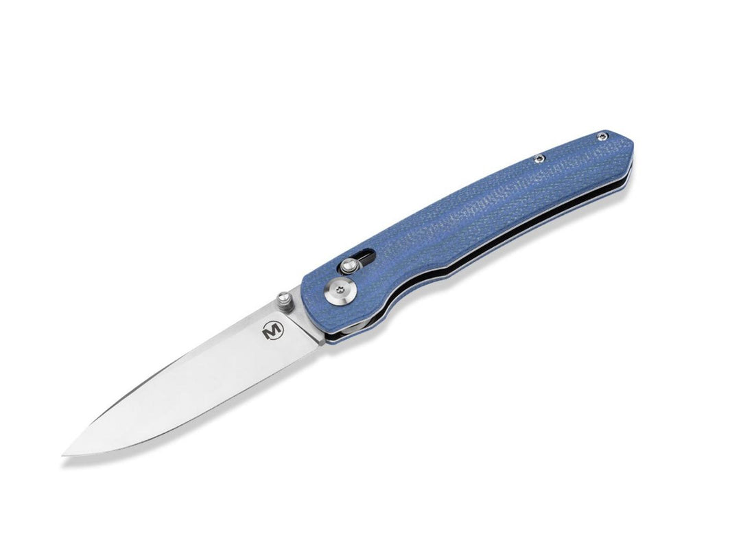 Böker Magnum Shango folding knife with blue handle and satin blade, open, side view on white background