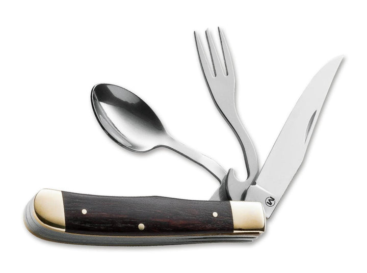 Böker Magnum Bon Appetite folding camping cutlery knife with dark wood handle and brass bolsters, knife, fork and spoon opened