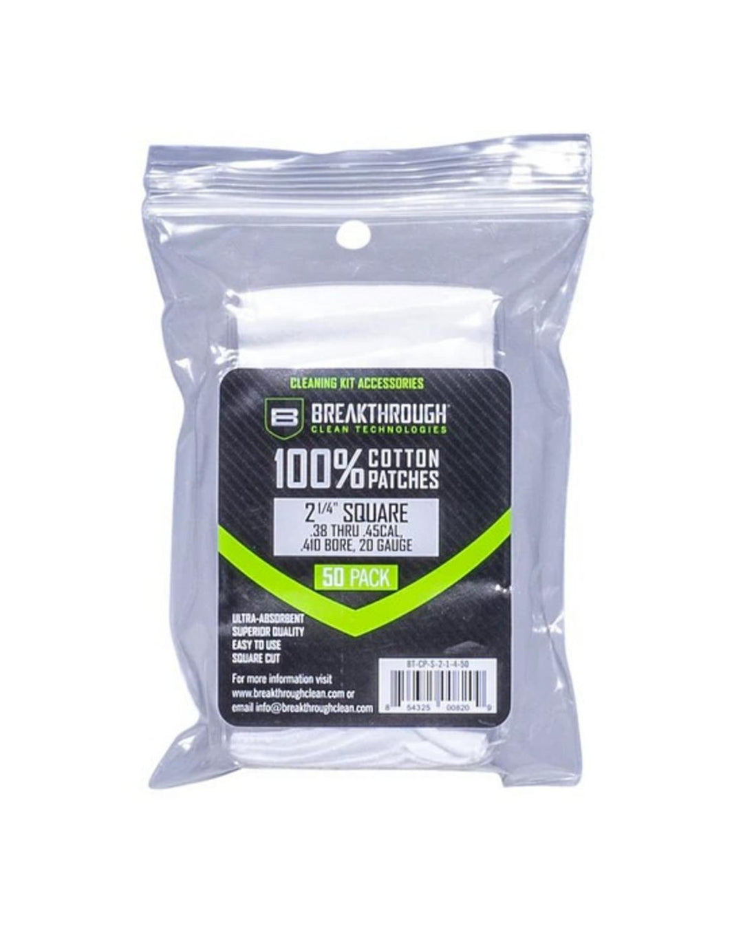 Breakthrough Clean Cotton Patches 2.25" .38-.45 Cal / .410-20 Gauge (50)