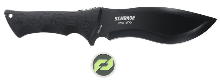 Schrade Little Ricky fixed blade knife laid horizontally in front of its black sheath, black-coated clip-point blade with SCHRADE etched on the flat