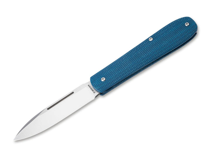 Böker pocket knife Coffin in blue denim micarta with slim satin blade, open, side view on white background