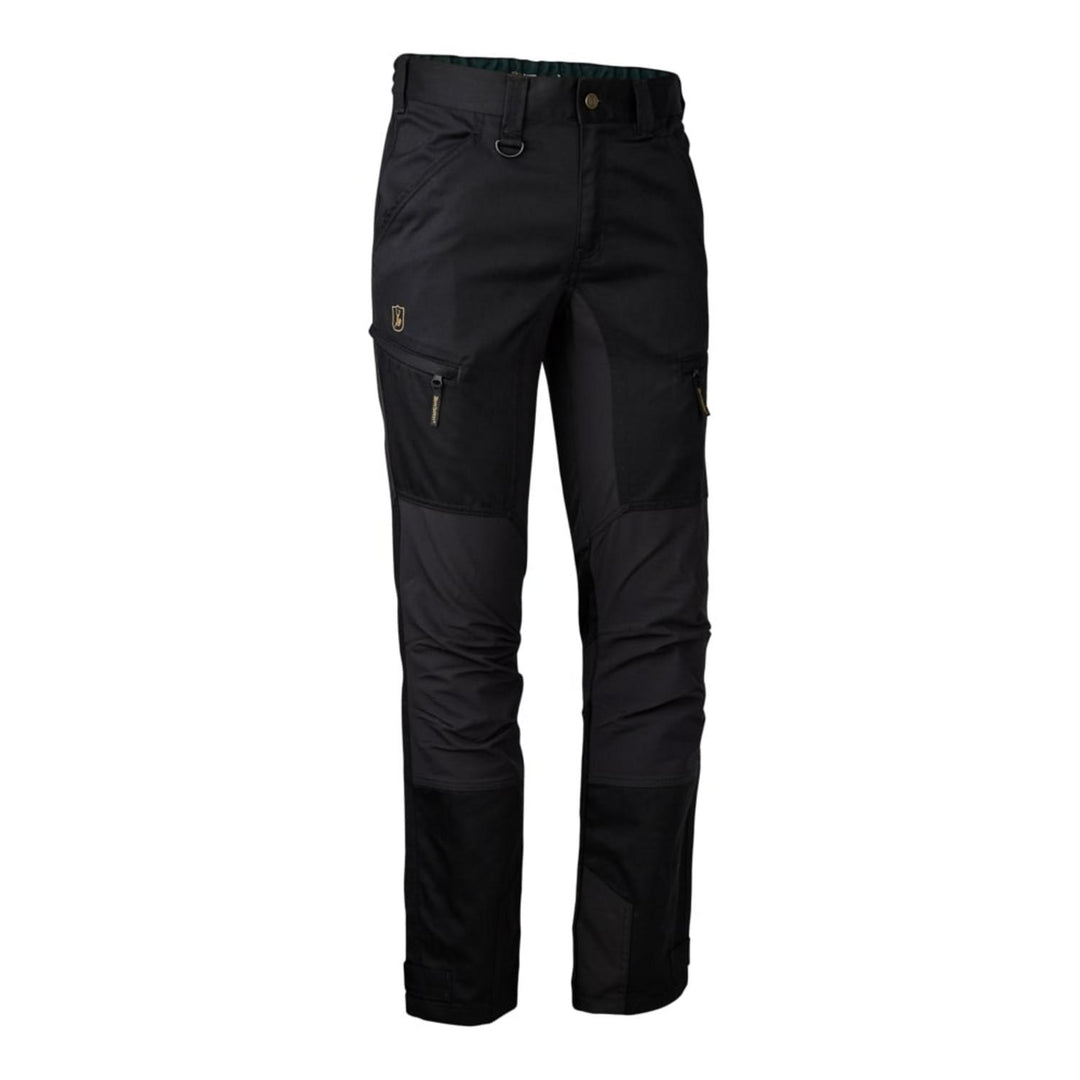 Deerhunter Rogaland Stretch Trousers in Contrast Black, front flat-lay view showing the tonal reinforcement panels and zipped thigh cargo pocket