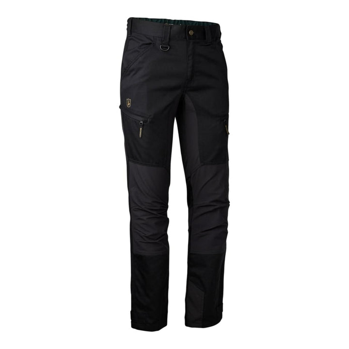 Deerhunter Rogaland Stretch Trousers in Contrast Black, front flat-lay view showing the tonal reinforcement panels and zipped thigh cargo pocket