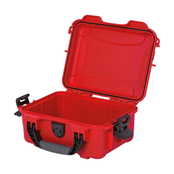 Nanuk 904 case shown open and empty, red moulded hard case with the lid raised to reveal the plain interior and rubber seal