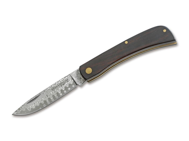Böker Magnum Ebony Rangebuster Damascus slipjoint folding knife with dark ebony handle, brass pins and Damascus blade, open side view