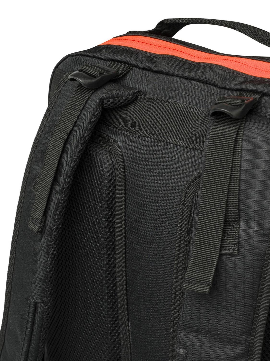 Close-up of the padded back panel, shoulder straps and side compression webbing on the black Beretta Challenge Backpack.