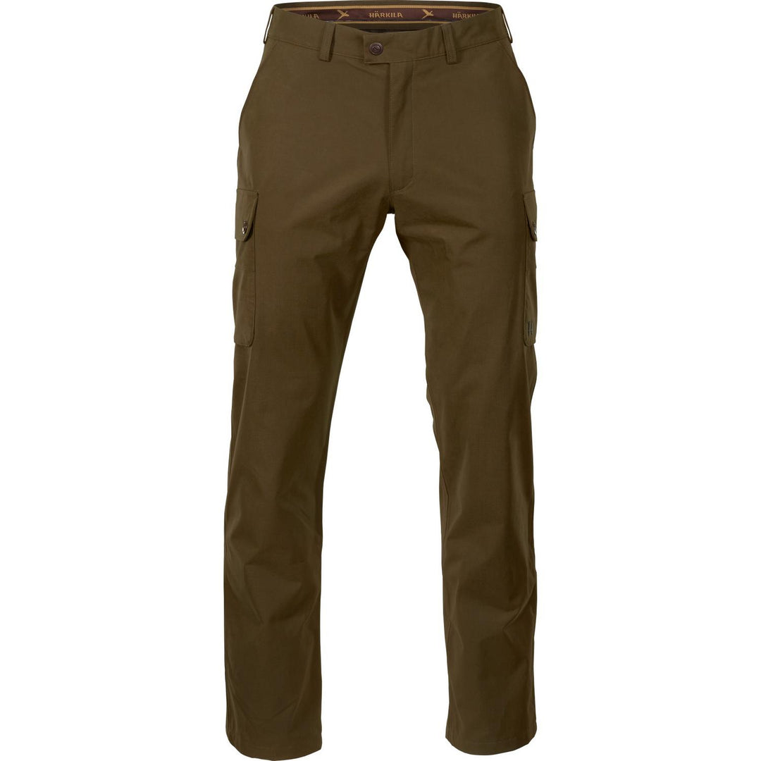 Harkila Retrieve trousers in olive brown, flat ghost-mannequin front view with belt loops and slanted hand pockets