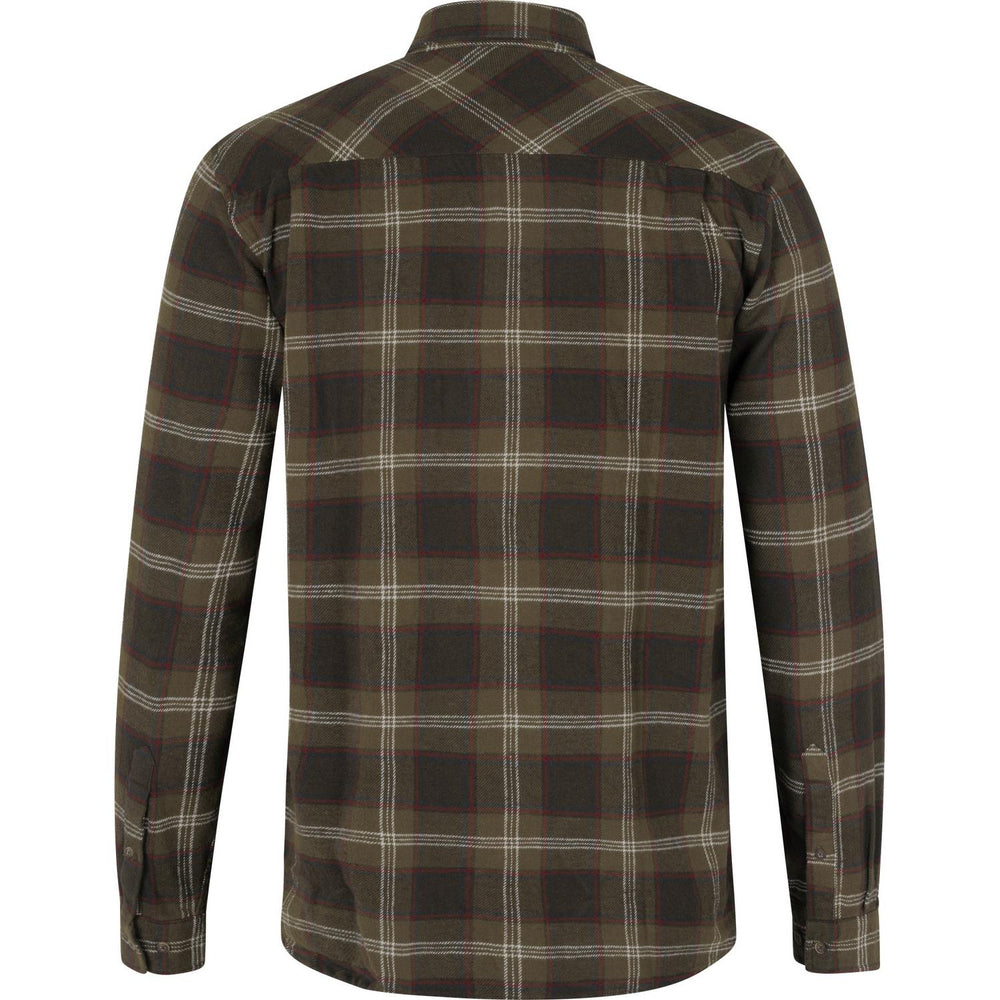 Seeland Glen flannel shirt in brown and olive check, back view laid flat showing the shoulder yoke