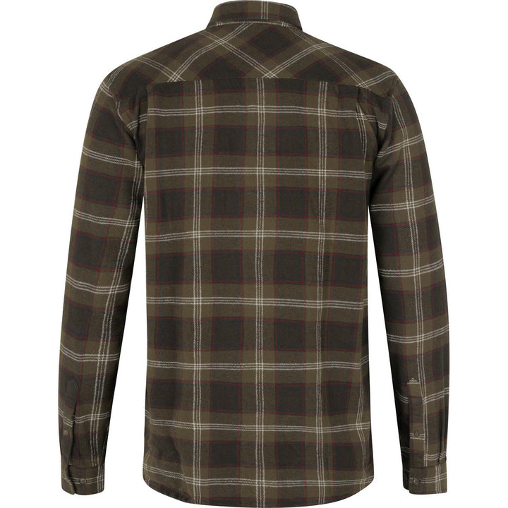 Seeland Glen flannel shirt in brown and olive check, back view laid flat showing the shoulder yoke