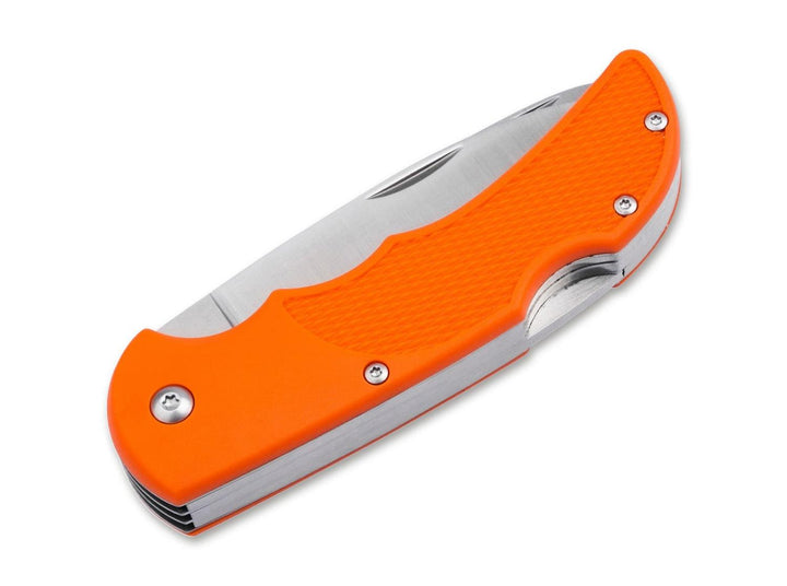 Böker Magnum HL Triple pocket knife in orange with textured grip, closed, angled side view on white background