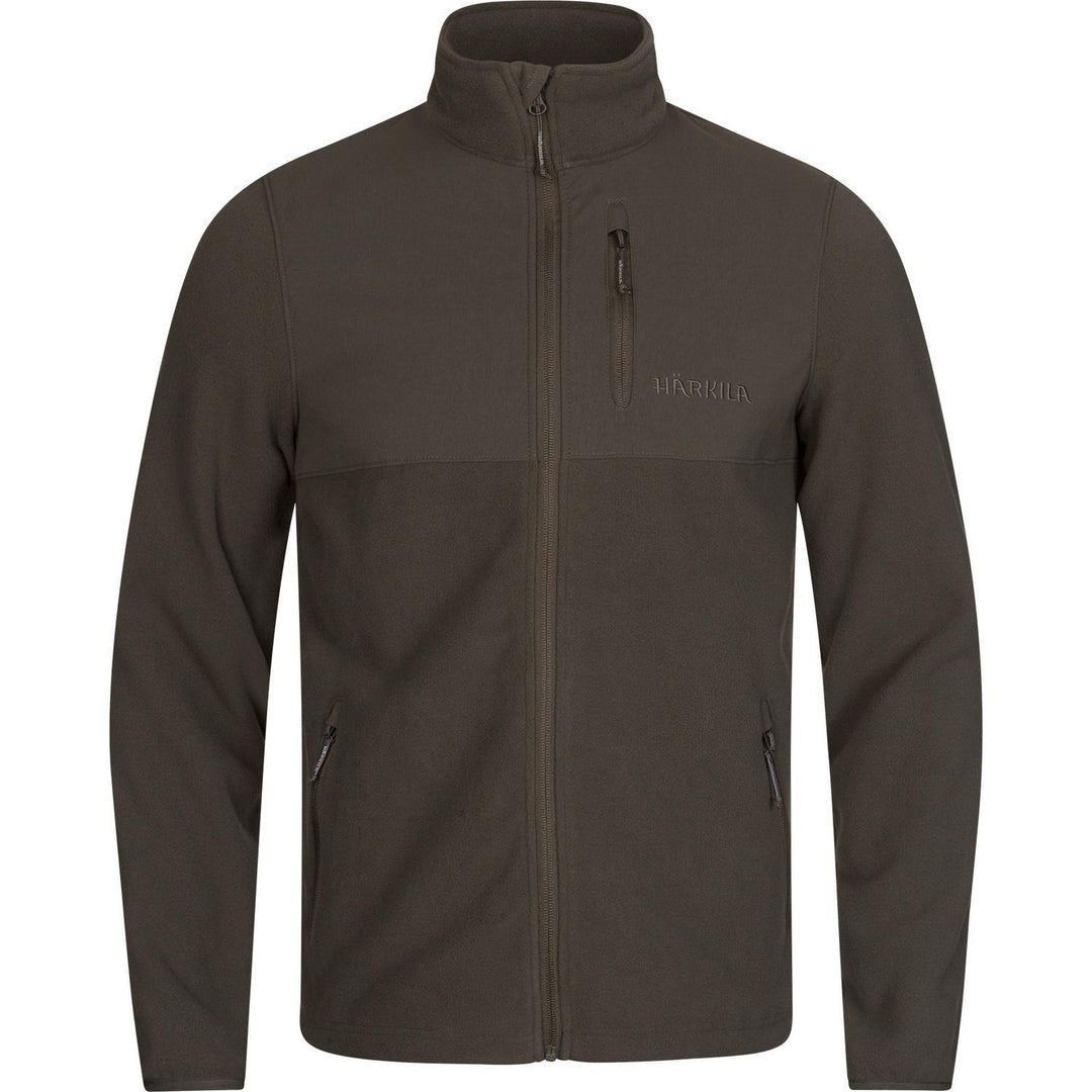 Harkila Fjell fleece jacket in dark olive, front view zipped with contrast shoulder panel, zipped chest pocket and two hand pockets