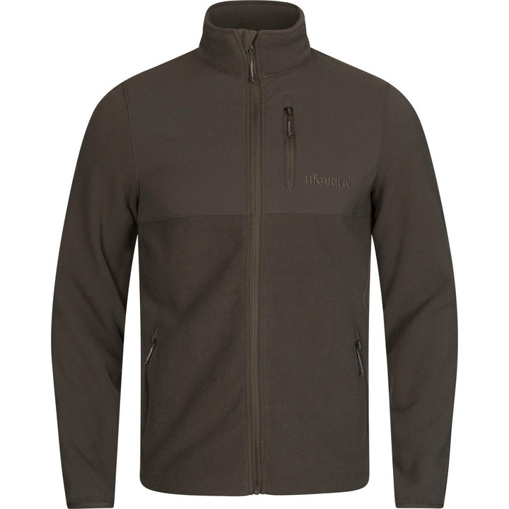 Harkila Fjell fleece jacket in dark olive, front view zipped with contrast shoulder panel, zipped chest pocket and two hand pockets