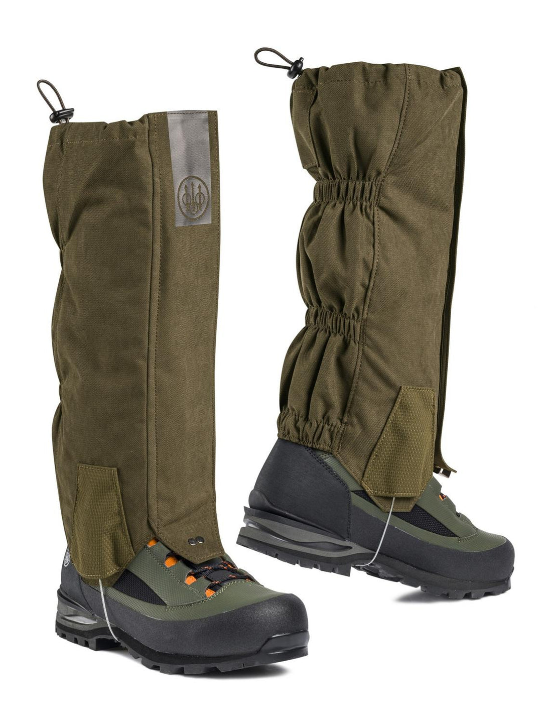Beretta Quiet Stride gaiters in Green Moss olive green, pair worn over hiking boots, three-quarter view with Beretta logo patch