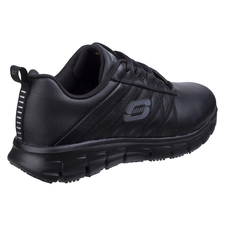Skechers Workwear Sure Track Erath Occupational Shoe Black - Side stitched stripe designs with S logo, Lace up sporty casual comfort slip resistant work sneaker design