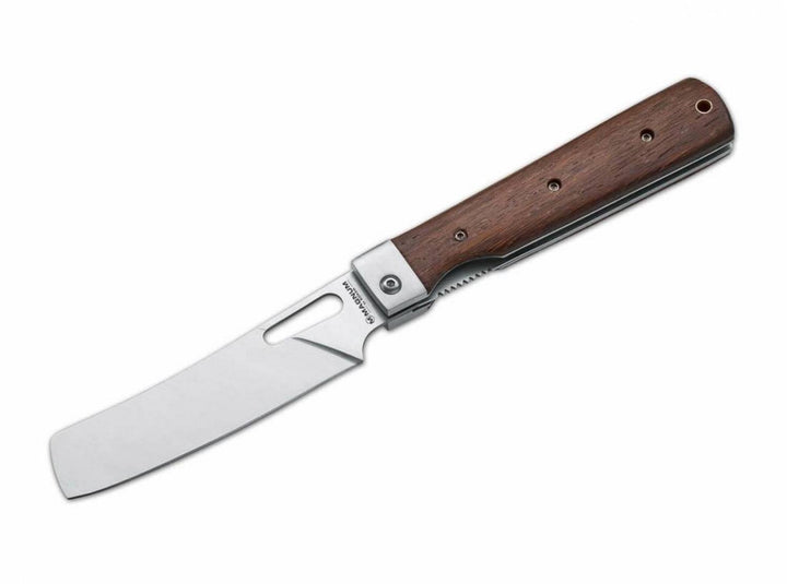Böker Magnum Outdoor Cuisine III folding kitchen knife, wooden handle and wide steel blade, angled side view on white