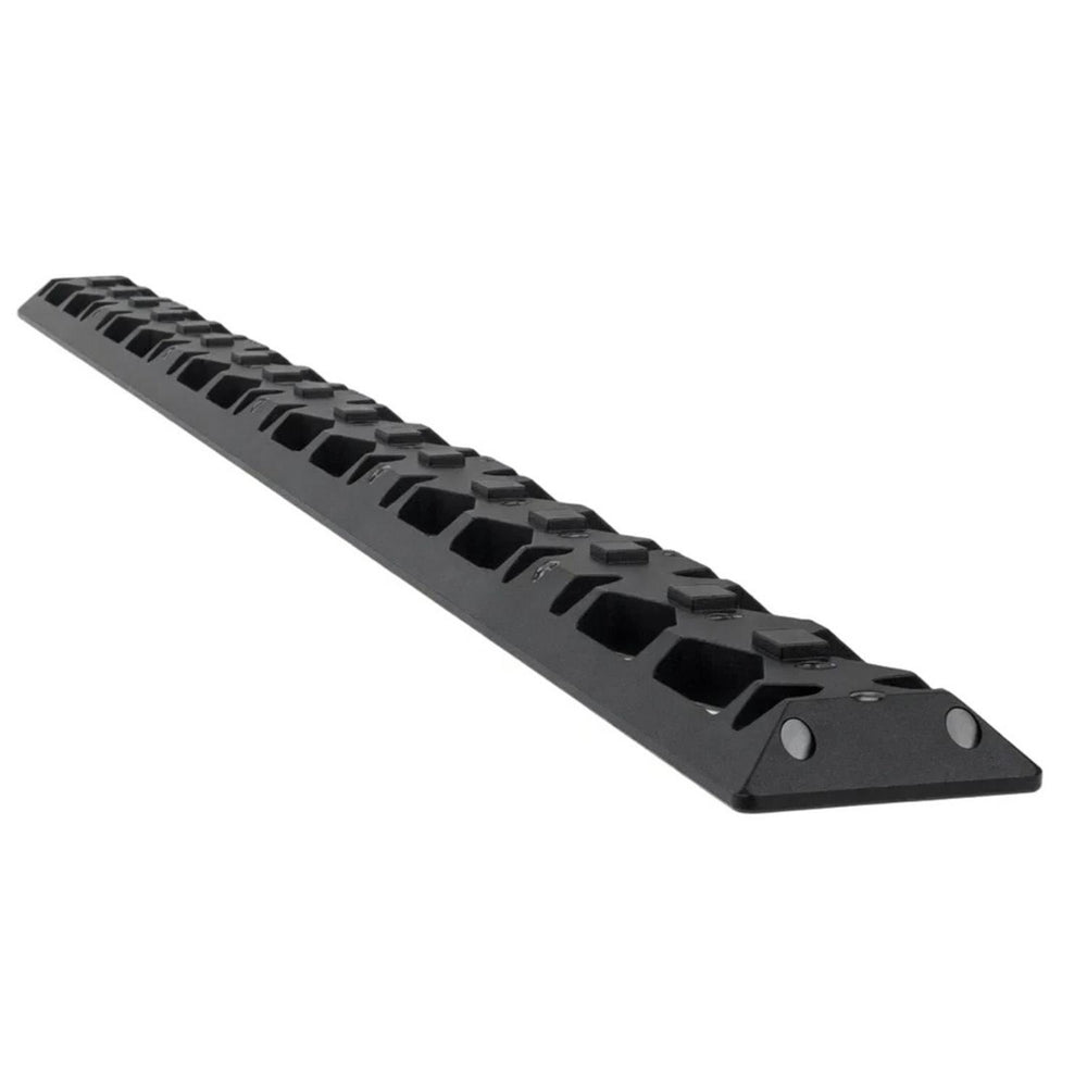 Nieload Super ARCA M-LOK rail laid diagonally, black anodised Picatinny-slotted rail with countersunk fixing holes