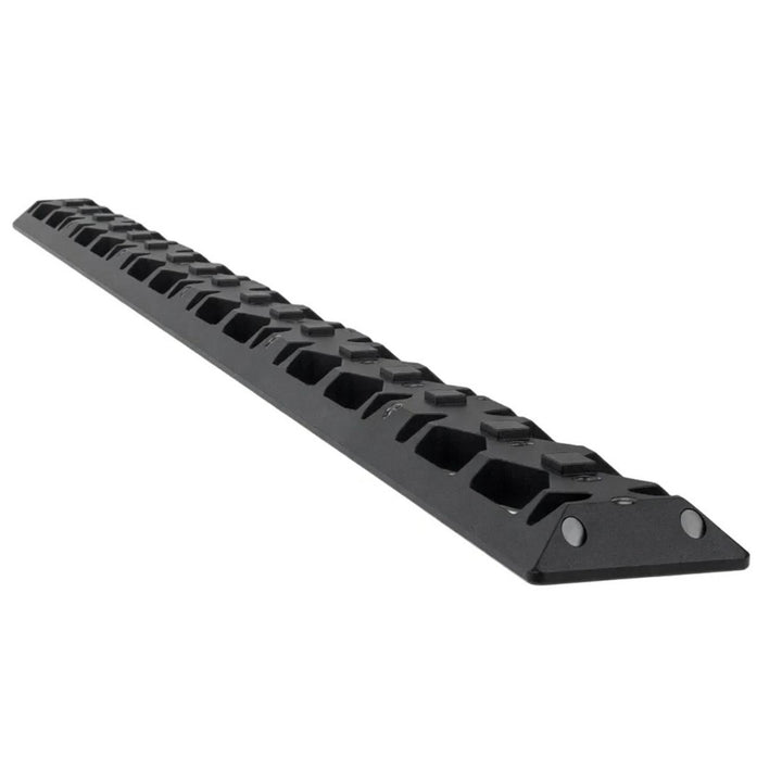 Nieload Super ARCA M-LOK rail laid diagonally, black anodised Picatinny-slotted rail with countersunk fixing holes