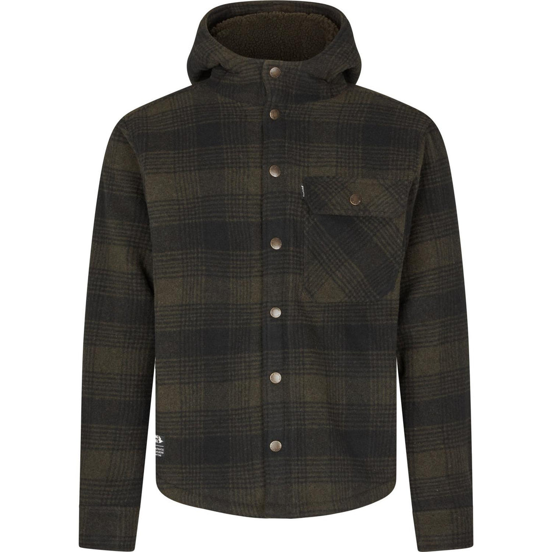 Seeland Canada Yukon jacket in olive check wool, front view with the hood up and press-stud front, shown on white