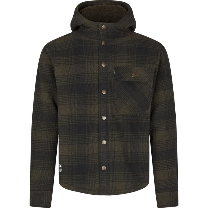 Seeland Canada Yukon jacket in olive check wool, front view with the hood up and press-stud front, shown on white